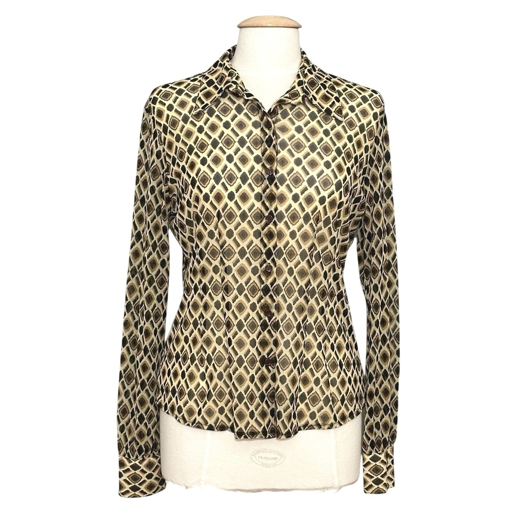 Vintage 90s Y2K Womens Top L Brown Geometric Sheer Retro Office Siren Chic Mod